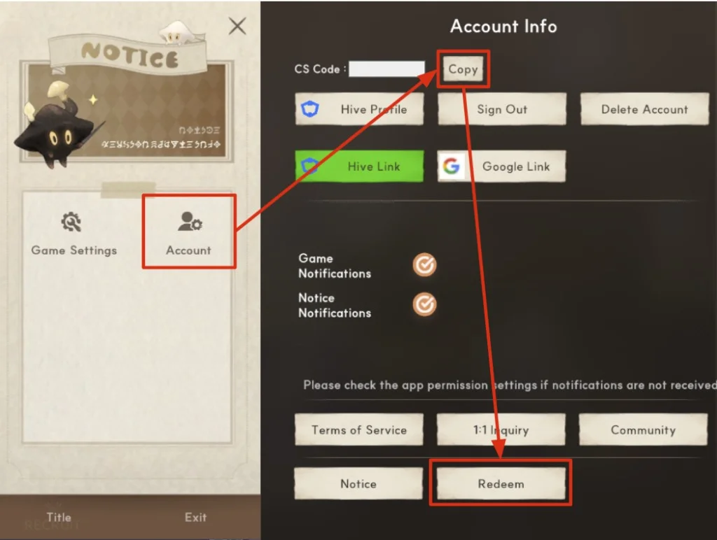 Redeem codes tutorial - Settings, Account, Copy CS CODE, Redeem