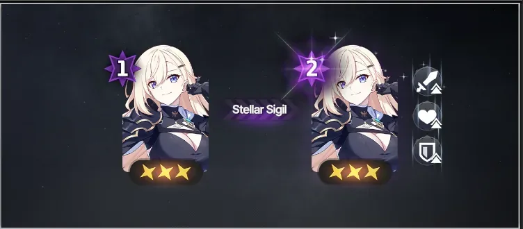 Stellar Sigil: sigil level increases (e.g. 1 to 2) with ATK, HP, and DEF bonuses