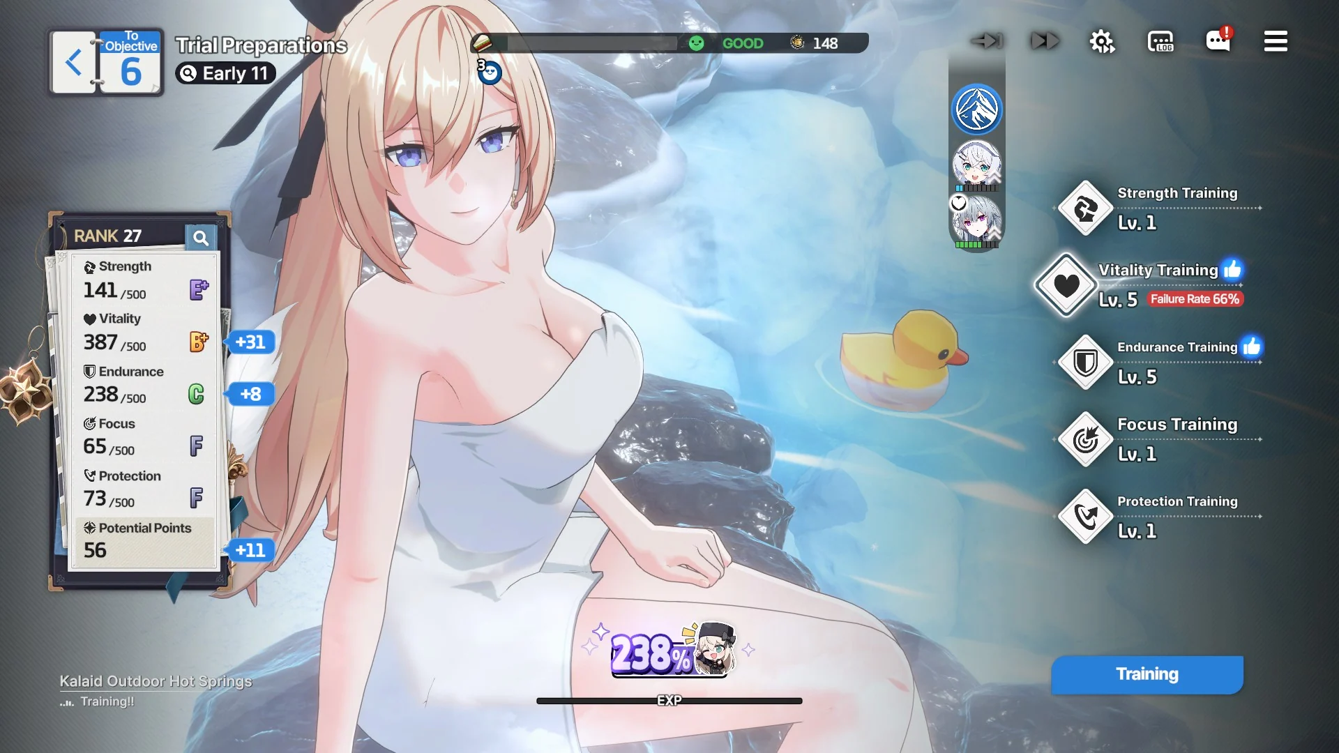 Winter camp at Kalaid Outdoor Hot Springs: Trial Preparations with Kate — Vitality and Endurance training show recommended thumbs-up icons for HP and Defense focus